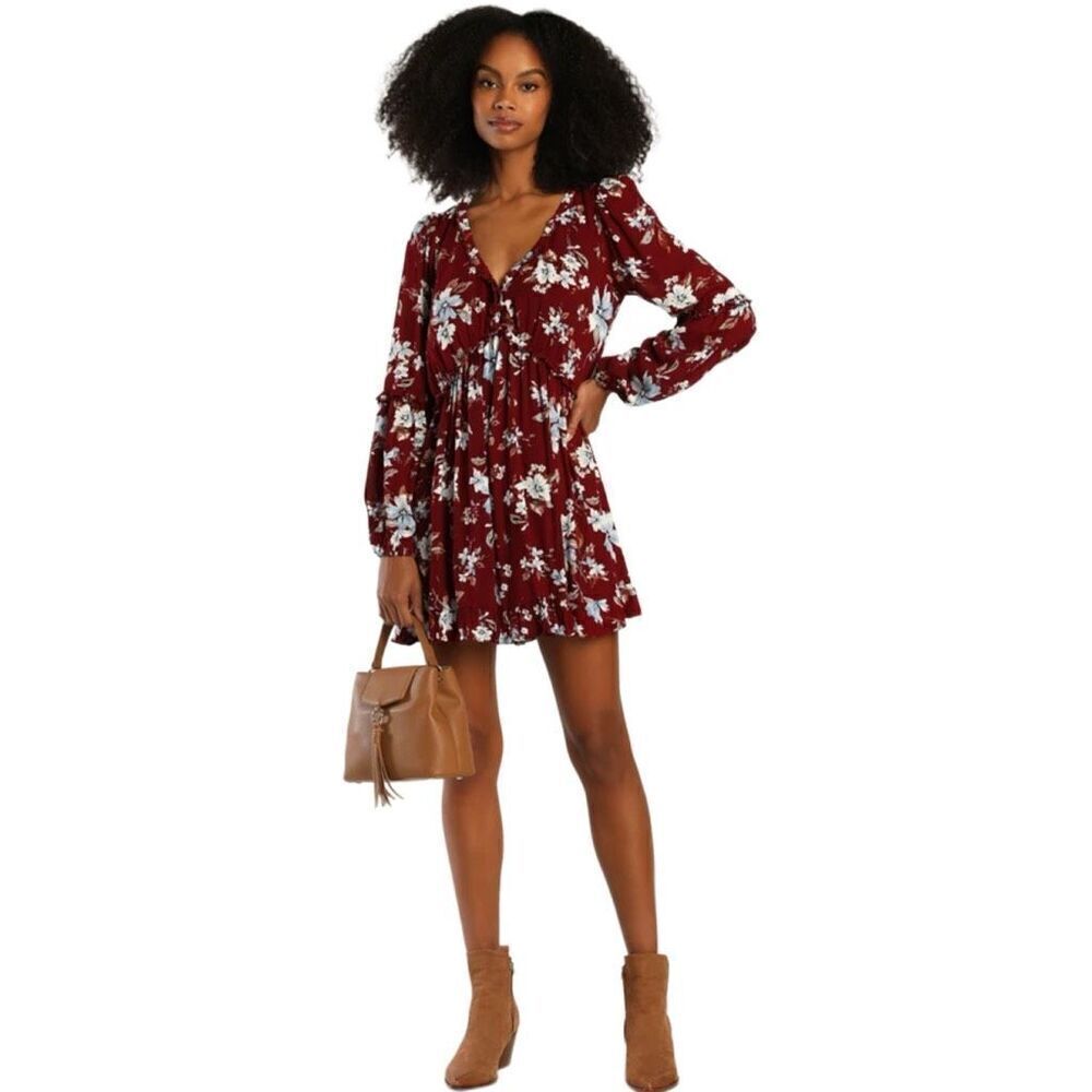 New! Lulus Lovely Blooms Burgundy Floral Babydoll Dress Sz M